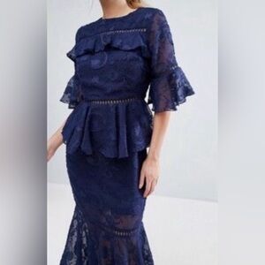 DARK PINK brand. High-low navy midi dress. Burn-out style